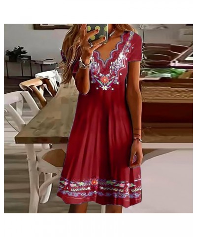 Women's Dresses 2024 Casual Summer Dresses Boho Retro V Neck Short Sleeve Beach Mini Dress, S-3XL 1-wine $8.65 Dresses