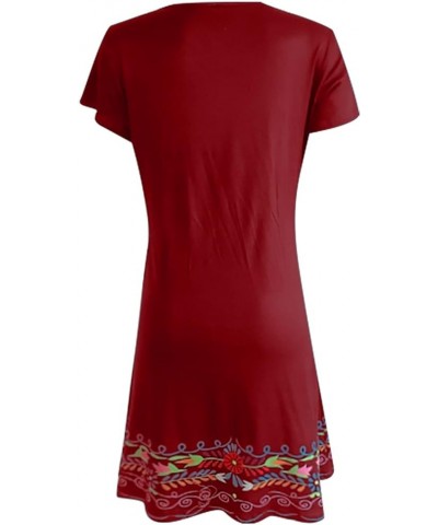 Women's Dresses 2024 Casual Summer Dresses Boho Retro V Neck Short Sleeve Beach Mini Dress, S-3XL 1-wine $8.65 Dresses