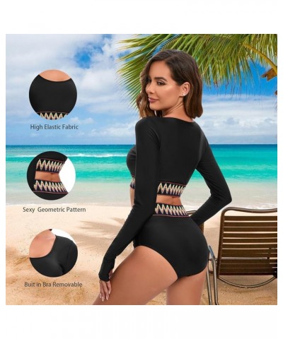 Women's One Piece Long Sleeve Swimsuit Sexy Tummy Control high Waist Rash Guard Bathing Suit Black Yellow Jaggies Line 567019...