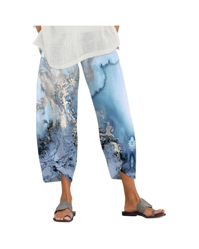 Cotton Linen Casual Summer Capri Pants Printed Cropped Comfy Baggy Trousers with Pockets Palazzo Lounge Pants A04 Blue1 $5.12...