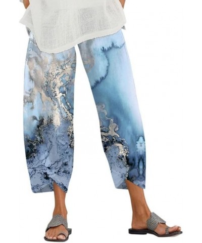 Cotton Linen Casual Summer Capri Pants Printed Cropped Comfy Baggy Trousers with Pockets Palazzo Lounge Pants A04 Blue1 $5.12...