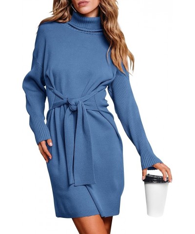 Women's Fall Sweaters 2024 Turtleneck Long Sleeve Ribbed Knit Oversized Pullover Tie Waist Mini Sweater Dress Solid Blue $24....