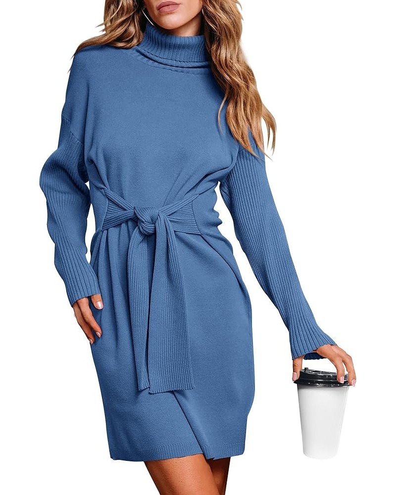 Women's Fall Sweaters 2024 Turtleneck Long Sleeve Ribbed Knit Oversized Pullover Tie Waist Mini Sweater Dress Solid Blue $24....