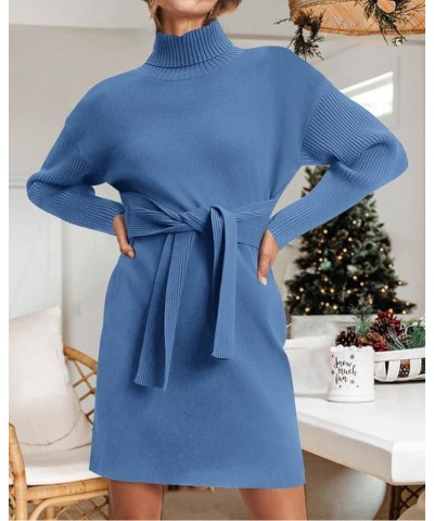 Women's Fall Sweaters 2024 Turtleneck Long Sleeve Ribbed Knit Oversized Pullover Tie Waist Mini Sweater Dress Solid Blue $24....