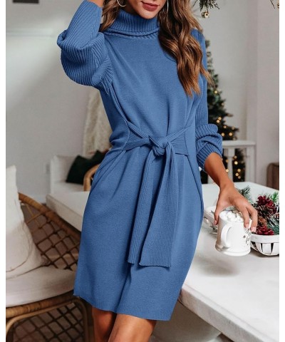 Women's Fall Sweaters 2024 Turtleneck Long Sleeve Ribbed Knit Oversized Pullover Tie Waist Mini Sweater Dress Solid Blue $24....