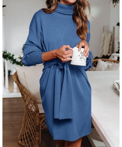 Women's Fall Sweaters 2024 Turtleneck Long Sleeve Ribbed Knit Oversized Pullover Tie Waist Mini Sweater Dress Solid Blue $24....