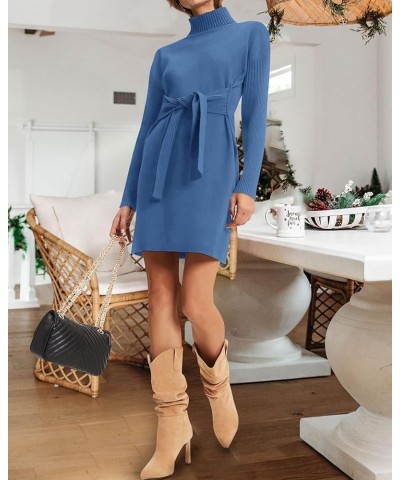 Women's Fall Sweaters 2024 Turtleneck Long Sleeve Ribbed Knit Oversized Pullover Tie Waist Mini Sweater Dress Solid Blue $24....