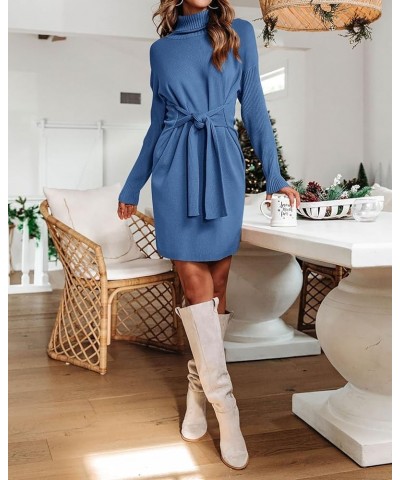 Women's Fall Sweaters 2024 Turtleneck Long Sleeve Ribbed Knit Oversized Pullover Tie Waist Mini Sweater Dress Solid Blue $24....