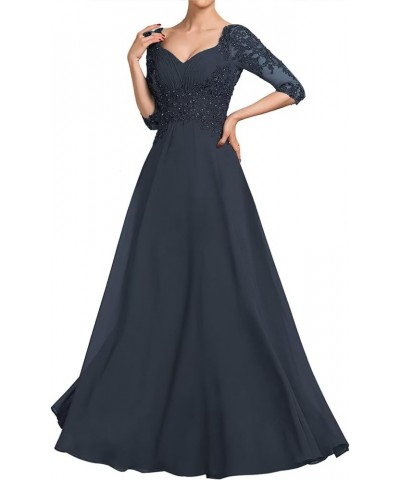 3/4 Sleeves Mother of The Bride Dresses Laces Appliques Chiffon Formal Evening Gowns Navy Blue $36.00 Dresses