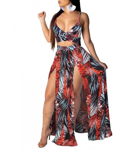 Women's Chiffon Bohemian Floral Printed 2 Piece Sets Crop Cami Top & Split Beach Party Maxi Dress A Black Red $17.20 Suits