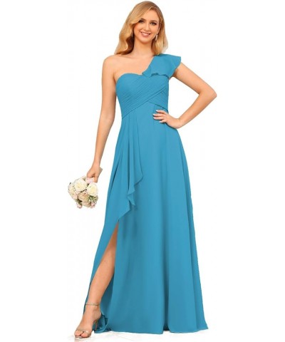 Chiffon One Shoulder Bridesmaid Dress with Slit Pleated Ruffles Long A Line Formal Prom Dress for Women AD001 Blue $26.95 Dre...