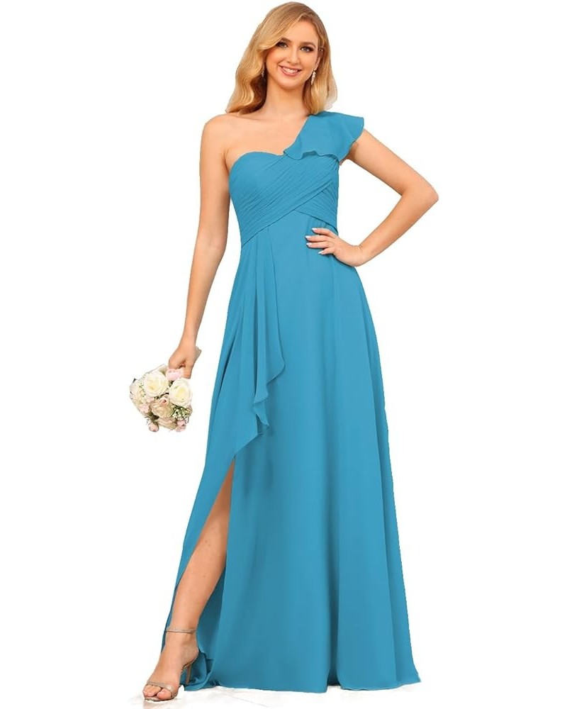 Chiffon One Shoulder Bridesmaid Dress with Slit Pleated Ruffles Long A Line Formal Prom Dress for Women AD001 Blue $26.95 Dre...