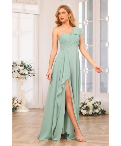 Chiffon One Shoulder Bridesmaid Dress with Slit Pleated Ruffles Long A Line Formal Prom Dress for Women AD001 Blue $26.95 Dre...