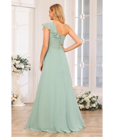 Chiffon One Shoulder Bridesmaid Dress with Slit Pleated Ruffles Long A Line Formal Prom Dress for Women AD001 Blue $26.95 Dre...