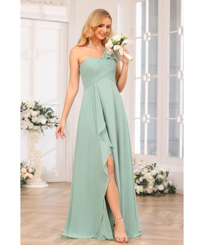 Chiffon One Shoulder Bridesmaid Dress with Slit Pleated Ruffles Long A Line Formal Prom Dress for Women AD001 Blue $26.95 Dre...