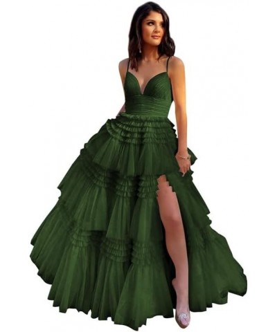 Women's Tiered Tulle Prom Dresses Long Ball Gown with Slit Spaghetti Straps Formal Evening Dress Olive Green $34.50 Dresses