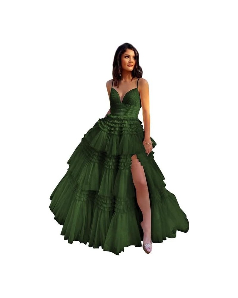 Women's Tiered Tulle Prom Dresses Long Ball Gown with Slit Spaghetti Straps Formal Evening Dress Olive Green $34.50 Dresses