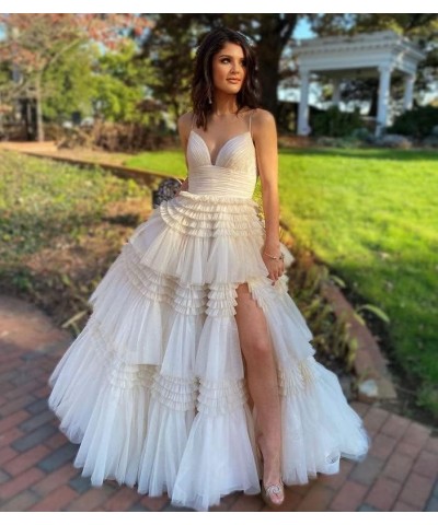 Women's Tiered Tulle Prom Dresses Long Ball Gown with Slit Spaghetti Straps Formal Evening Dress Olive Green $34.50 Dresses