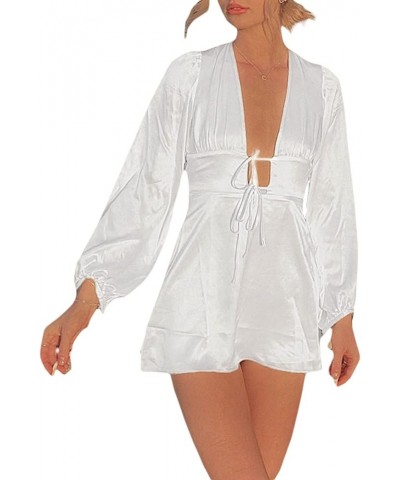 Women 's Long Sleeve Hallow Out Satin Dress Plunge V-Neck Tie-up Short Dress Backless A-line Party Dress White $9.27 Dresses