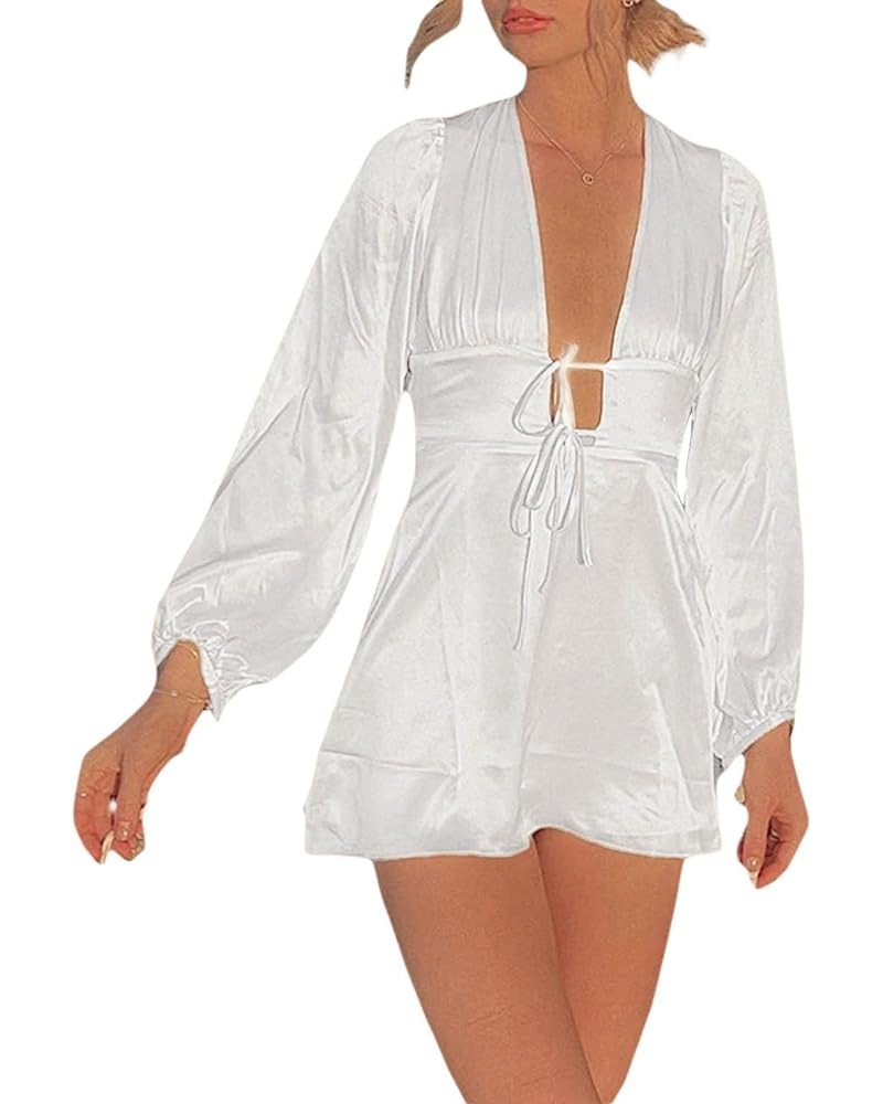 Women 's Long Sleeve Hallow Out Satin Dress Plunge V-Neck Tie-up Short Dress Backless A-line Party Dress White $9.27 Dresses