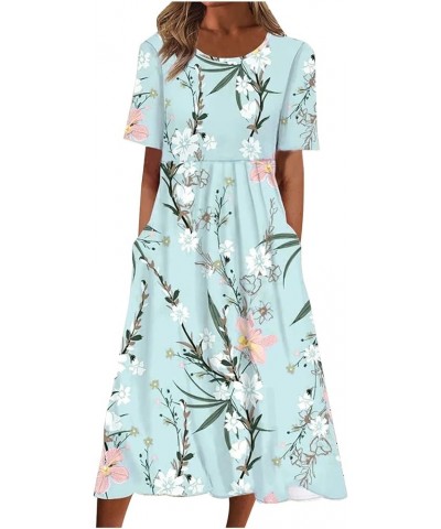 Summer Dresses For Women 2023 Causal Crew Neck Pleated Dress Short Sleeve Floral Dress Vacation Long Dress Pockets 01★light B...