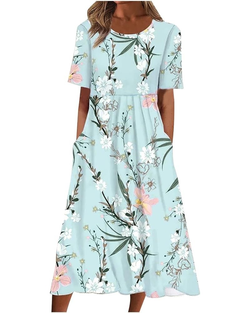 Summer Dresses For Women 2023 Causal Crew Neck Pleated Dress Short Sleeve Floral Dress Vacation Long Dress Pockets 01★light B...