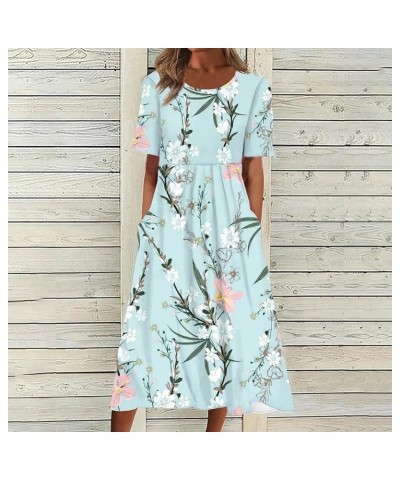 Summer Dresses For Women 2023 Causal Crew Neck Pleated Dress Short Sleeve Floral Dress Vacation Long Dress Pockets 01★light B...