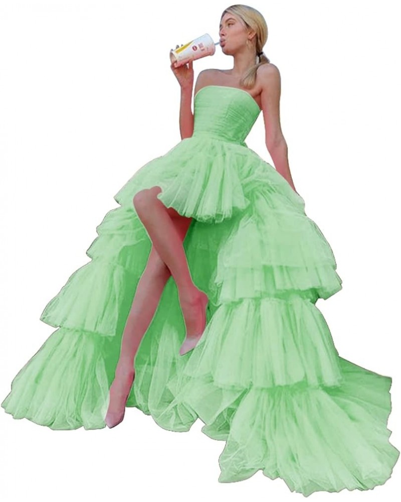 High Low Tulle Prom Dress for Women Long Strapless Layered Formal Party Dresses with Train Mint $51.29 Dresses