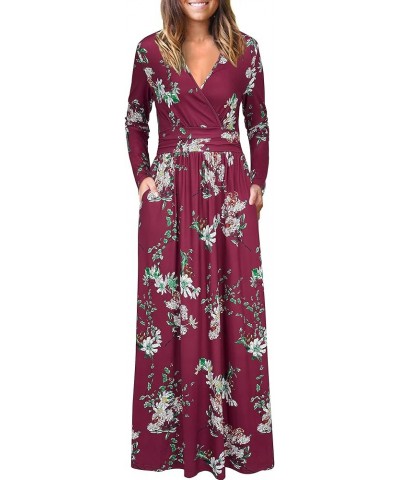 Women's Long/Short Sleeve V-Neck Wrap Waist Maxi Dress Long Sleeve B-floral03 $14.49 Dresses