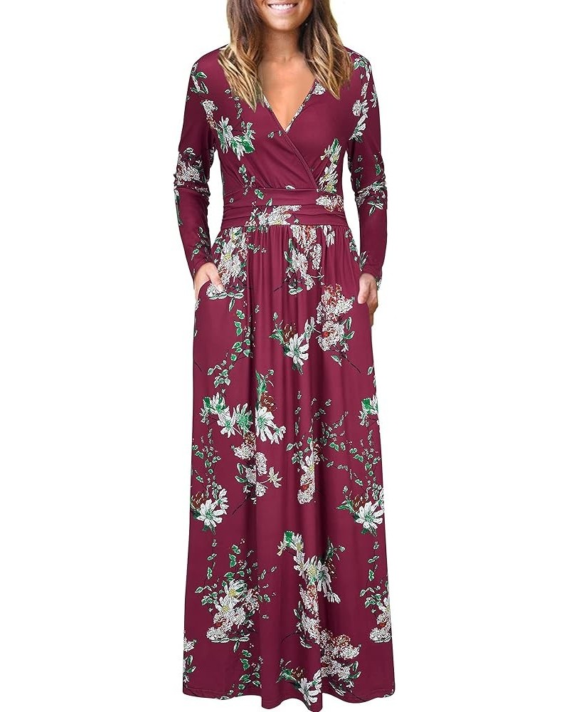 Women's Long/Short Sleeve V-Neck Wrap Waist Maxi Dress Long Sleeve B-floral03 $14.49 Dresses