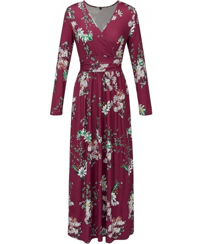 Women's Long/Short Sleeve V-Neck Wrap Waist Maxi Dress Long Sleeve B-floral03 $14.49 Dresses