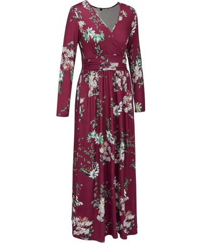 Women's Long/Short Sleeve V-Neck Wrap Waist Maxi Dress Long Sleeve B-floral03 $14.49 Dresses