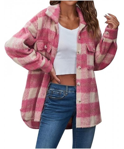 Women's 2023 Fall Coat Tops Woolen Coats Flannel Outerwear Jackets Coats Plaid Button Down Winter Coat 03 Pink $17.51 Jackets