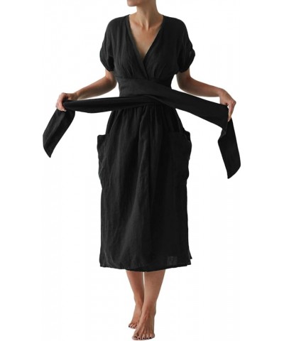 Women's V-Neck Short Sleeve High Waist wrap Dress Summer Dress for Women with Pockets S-2XL Black $26.99 Dresses