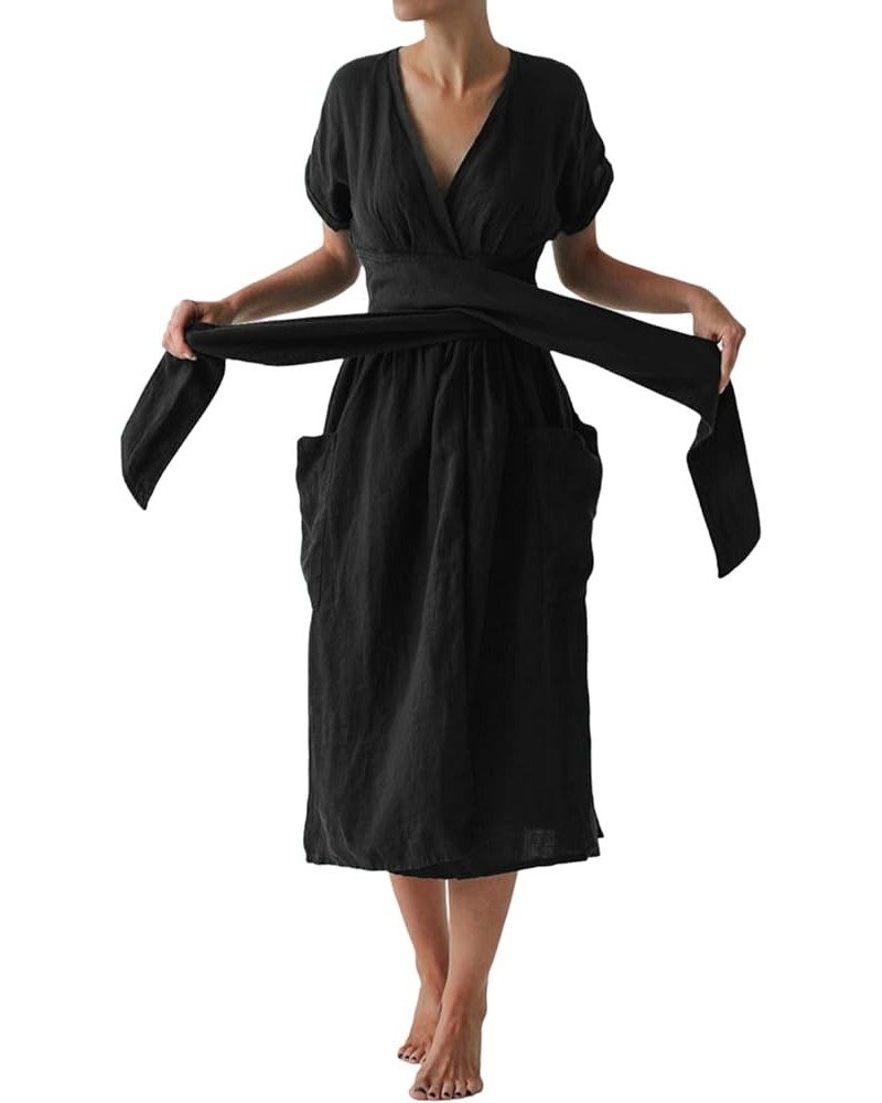 Women's V-Neck Short Sleeve High Waist wrap Dress Summer Dress for Women with Pockets S-2XL Black $26.99 Dresses