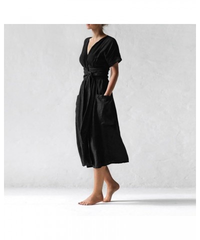 Women's V-Neck Short Sleeve High Waist wrap Dress Summer Dress for Women with Pockets S-2XL Black $26.99 Dresses