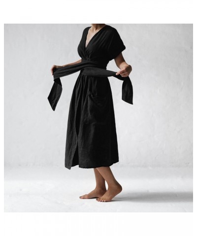 Women's V-Neck Short Sleeve High Waist wrap Dress Summer Dress for Women with Pockets S-2XL Black $26.99 Dresses