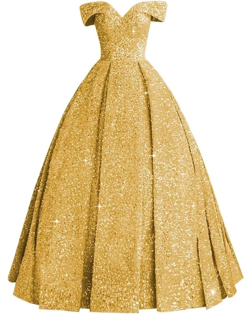 Off Shoulder Sequin Prom Dresses for Teens Ball Gown Quinceanera Dresses A Line Sparkly Formal Wedding Gowns Gold $46.55 Dresses