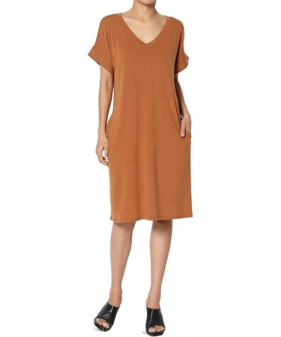 S~3X Rolled Short Sleeve Side Pocket V-Neck Jersey Midi T-Shirt Dress Almond $11.00 Dresses