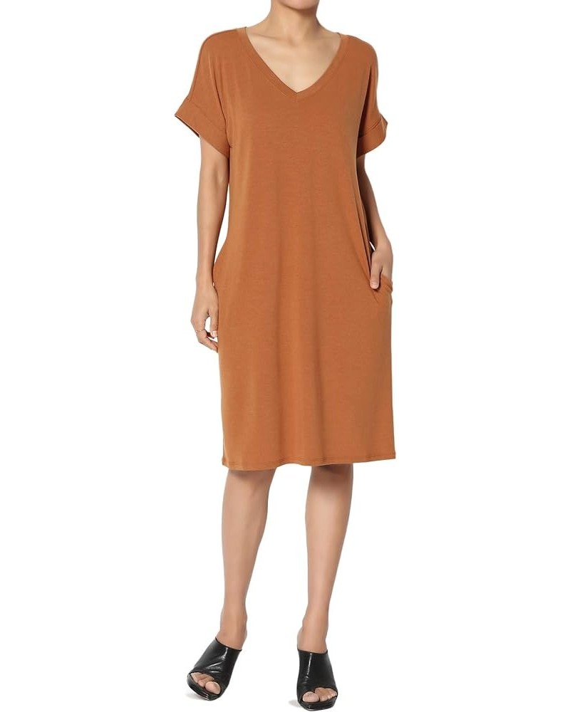 S~3X Rolled Short Sleeve Side Pocket V-Neck Jersey Midi T-Shirt Dress Almond $11.00 Dresses