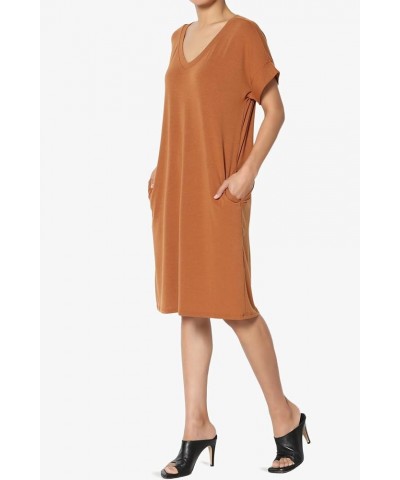 S~3X Rolled Short Sleeve Side Pocket V-Neck Jersey Midi T-Shirt Dress Almond $11.00 Dresses