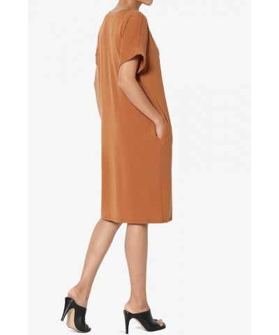 S~3X Rolled Short Sleeve Side Pocket V-Neck Jersey Midi T-Shirt Dress Almond $11.00 Dresses