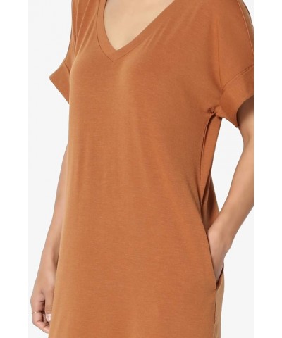 S~3X Rolled Short Sleeve Side Pocket V-Neck Jersey Midi T-Shirt Dress Almond $11.00 Dresses