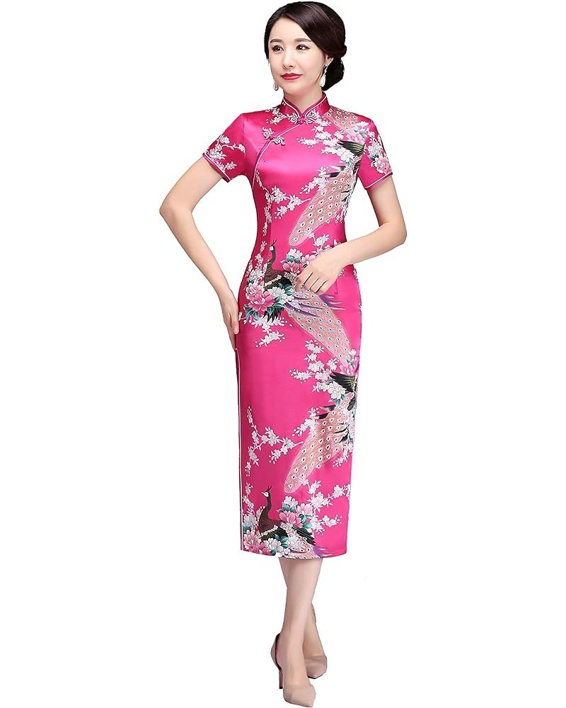 Peacock Print Long Qipao Chinese Style Dress Cheap Cheongam Rose Red $12.60 Dresses