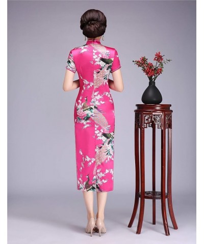 Peacock Print Long Qipao Chinese Style Dress Cheap Cheongam Rose Red $12.60 Dresses