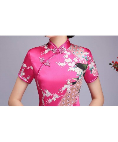 Peacock Print Long Qipao Chinese Style Dress Cheap Cheongam Rose Red $12.60 Dresses