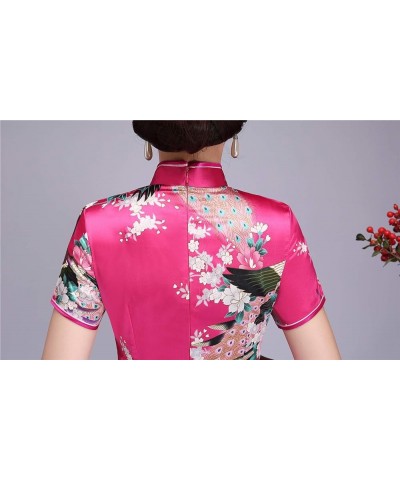 Peacock Print Long Qipao Chinese Style Dress Cheap Cheongam Rose Red $12.60 Dresses