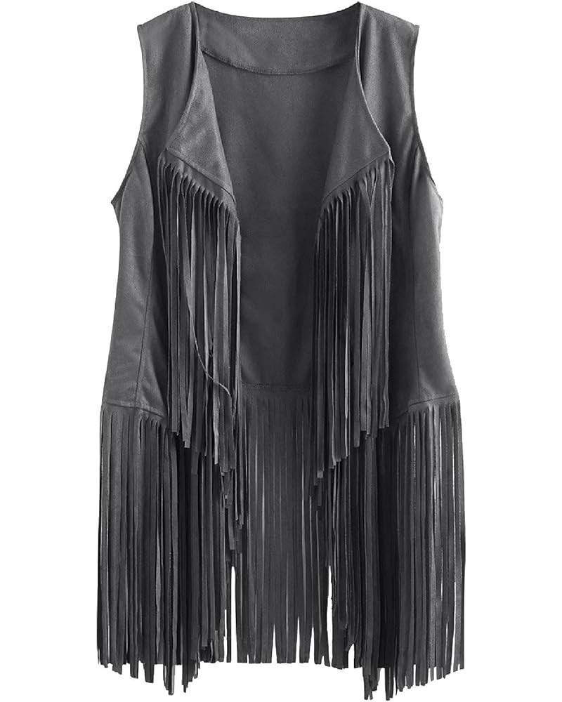 Women's Tassels Vest Sleeveless Cardigan Fringe Waistcoat Jacket 70s Hippie Faux Suede Outwear Tops for Autumn Winter Dark Gr...