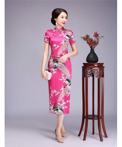 Peacock Print Long Qipao Chinese Style Dress Cheap Cheongam Rose Red $12.60 Dresses