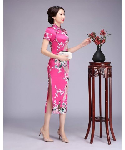 Peacock Print Long Qipao Chinese Style Dress Cheap Cheongam Rose Red $12.60 Dresses